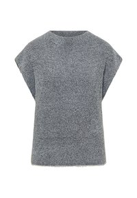 Vaaleanharmaa neulottu lyhythihainen paita, jossa on pyöreä pääntie. Siinä on teksturoitu kuvio ja löysä malli, sekä viimeistelemättömät reunat helman kohdalla.