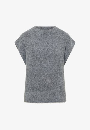 Lichtgrijze gebreide top met korte mouwen en een ronde halslijn. Heeft een struktuurpatroon en een losse pasvorm, met onafgewerkte randen aan de zoom.