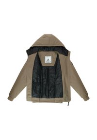Giacca khaki con cappuccio, foderata internamente di nero e dotata di una grande tasca interna. Tessuto liscio con una superficie esterna leggermente testurizzata.