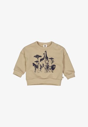 Beige katoenen sweater met een marineblauwe bedrukte afbeelding van een giraffe, olifant, leeuw, zebra en bomen. Ronde hals, ribgebreide manchetten, drukknoopdetail.
