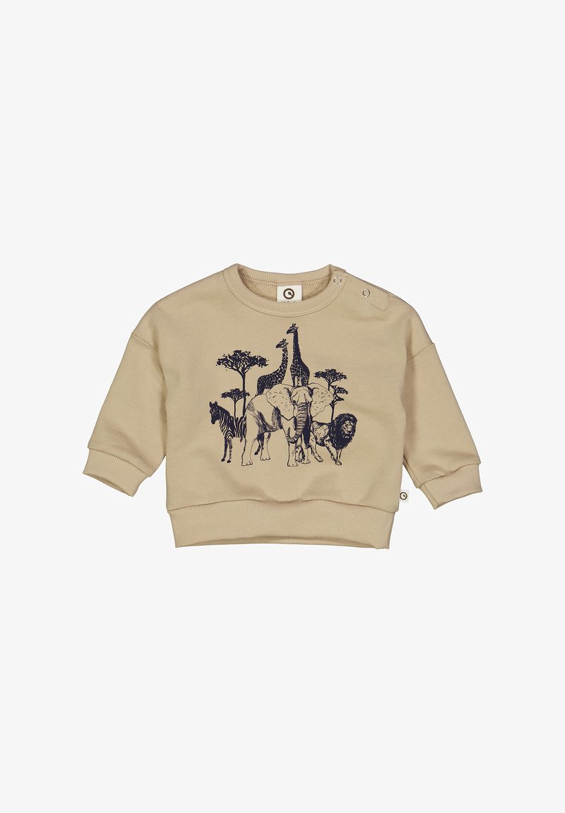 Beige puuvillane sviiter, millel on tumesinine trükitud kujundus sebra, elevandi, lõvi, žiraffi ja puude motiiviga. Ümar kaelus, soonikud varrastes, nööbdetail.