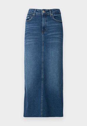 Gonna midi in denim blu scuro con taglio dritto, chiusura con bottoni frontali e design a cinque tasche. Tessuto morbido con leggeri dettagli di scolorimento.