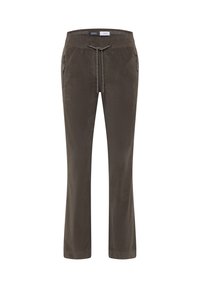 Donkergroen olijfgroene broek met een koord in de tailleband, twee zijzakken en een gladde textuur. Rechtafellende pasvorm, casual stijl.