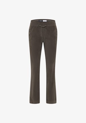 Dunkelolivgrüne Hose mit Kordelzugbund, zwei seitlichen Taschen und glatter Textur. Gerader Schnitt, lässiger Stil.