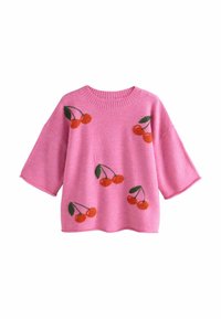 Pink knitted sweater with short sleeves, featuring a cherry pattern in red and green on the front. Soft texture and relaxed fit.