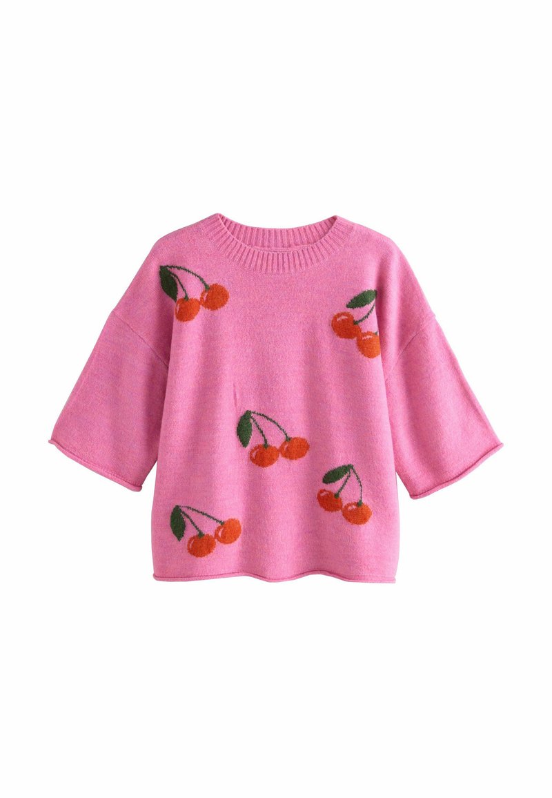 Pink knitted sweater with short sleeves, featuring a cherry pattern in red and green on the front. Soft texture and relaxed fit.