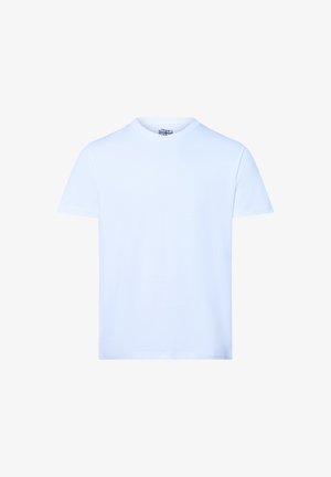 Weißes T-Shirt mit kurzen Ärmeln und Rundhalsausschnitt. Aus glattem Baumwollstoff gefertigt, verfügt es über ein minimalistisch gestaltetes Design ohne Muster oder Akzente.