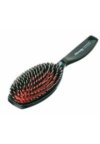 Hairbrush with a black plastic handle, oval shape, features nylon bristles on a red cushion base, designed for detangling hair.