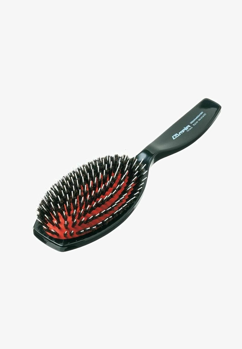 Hairbrush with a black plastic handle, oval shape, features nylon bristles on a red cushion base, designed for detangling hair.