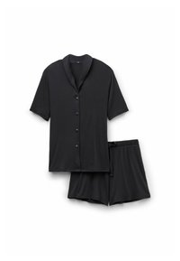 Black short-sleeve button-up shirt with a shawl collar and matching shorts. Soft, smooth fabric with a relaxed fit and drawstring waistband.