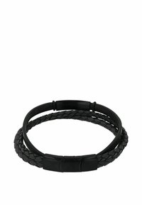 Bracciale in pelle nera intrecciata con un fermo nero liscio. Presenta due fasce intrecciate e una finitura texturizzata per un tocco di dettaglio in più.
