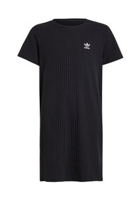 Melns ribots T-kreklu kleita ar īsām piedurknēm, ar apaļu kakla izgriezumu un mazu balto Adidas logotipu kreisajā krūtī.