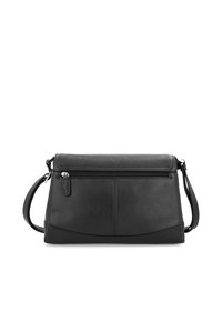 Borsa a tracolla in pelle nera con forma rettangolare piatta, chiusura superiore a zip e dettagli di cucitura discreti sul davanti. Cinghia regolabile inclusa.