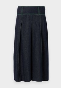 Jeanskjørt i mørkeblått med grønn søm. Har et plissert design og en bred midje, noe som gir en strukturert silhuett.