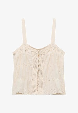 Krémový crop top s tenkými ramienkami, s vyšívanými kvetinovými vzormi, gombíkovou légou v prednej časti a zúženým pásom.