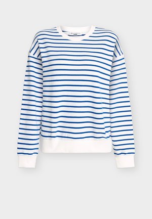 Sinivalkoraidallinen collegepaita, jossa on pyöreä pääntie, resorit hihansuissa ja helmassa, valmistettu pehmeästä puuvillasekoitekankaasta.