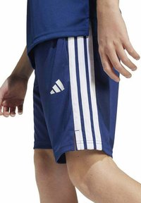 Pantalones cortos deportivos azules hechos de un tejido transpirable, con tres rayas blancas a cada lado y un pequeño logotipo blanco cerca de la cadera izquierda.