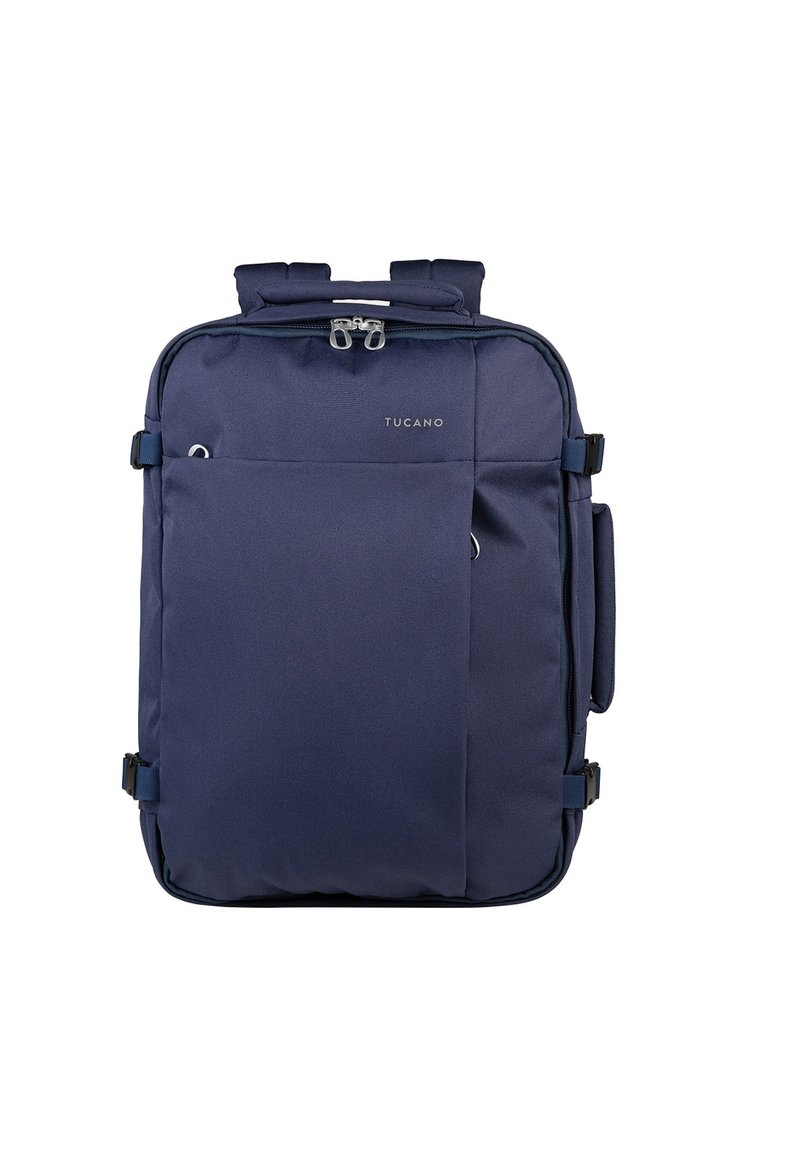 Navy fabric backpack with a rectangular shape, dual zippers, front pocket, adjustable straps, and an embroidered logo on the front.