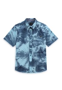 Koszula z krótkim rękawem zapinana na guziki w niebieskim wzorze tie-dye. Wykonana z lekkiej tkaniny, z kieszenią na piersi i metką z logo.