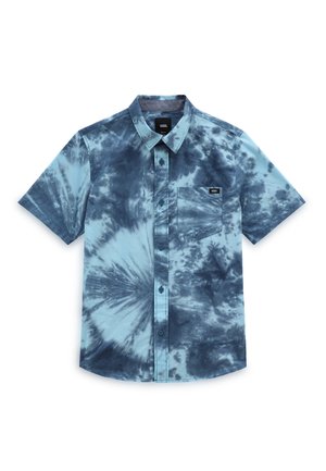 Korte mouwen overhemd met een blauwe tie-dye patroon. Gemaakt van lichte stof met een borstzak en een merklabel.