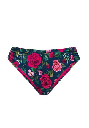 Dół od bikini damskiego z ciemnoniebieskim tłem oraz żywym nadrukiem kwiatów róż w kolorach czerwonym i różowym.