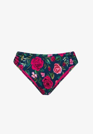 Dół od bikini damskiego z ciemnoniebieskim tłem oraz żywym nadrukiem kwiatów róż w kolorach czerwonym i różowym.