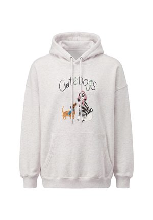 Lyst grå hættetrøje med frontlomme, med broderi af to hunde og ordet "Cutie Dogs" over dem.