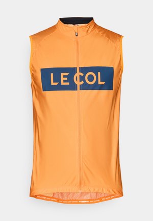 Orange sleeveless cycling jersey with a front zipper, featuring a blue rectangular logo “LE COL” and a mesh hem detail. Lightweight fabric.