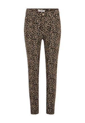 Pantalones skinny con estampado de leopardo en tonos beige y marrón; fabricados con un tejido elástico con diseño de cinco bolsillos y cierre de botón metálico.