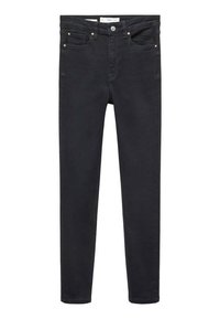 Jean slim noir avec cinq poches, fermeture par bouton et passants de ceinture, présenté à plat sur fond blanc.