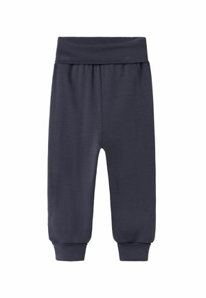 Pantalon bébé en tissu doux gris foncé avec taille élastique et poignets ajustés aux chevilles, présenté à plat sur fond blanc.