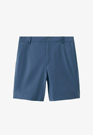 Shorts décontractés pour hommes de couleur bleu uni, avec passants pour ceinture, poches latérales et fermeture avant à bouton.