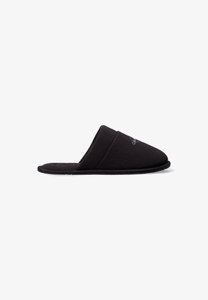 Pantofole nere con retro aperto, tomaia imbottita e suola piatta, progettate per il comfort interno.