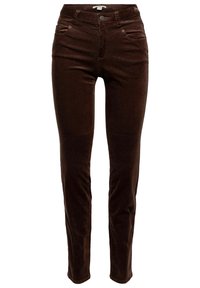 Pantalons en velours côtelé slim-fit marron foncé avec bouton et fermeture éclair à l'avant, passants de ceinture et design à cinq poches.