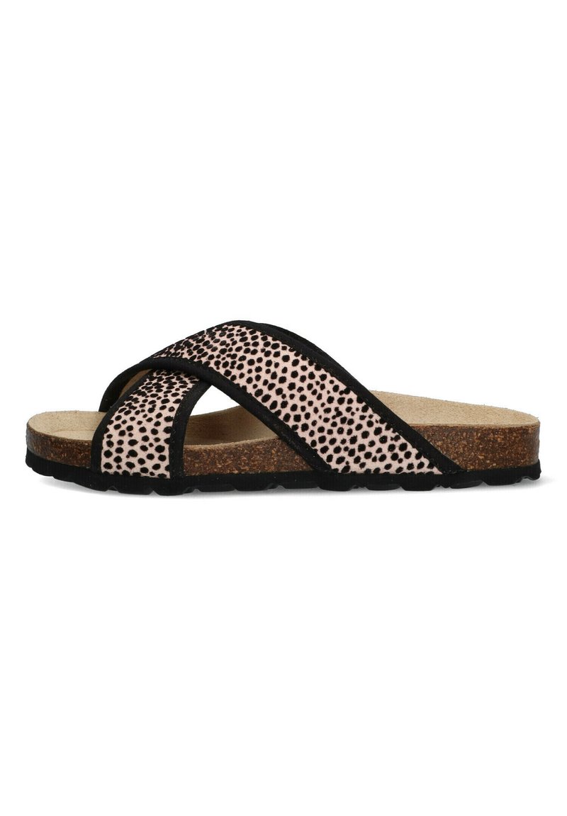 Svarta och rosa slide-sandaler med korsade remmar. Ovandel har ett prickigt mönster; sulan är av kork med en texturerad svart gummibotten.