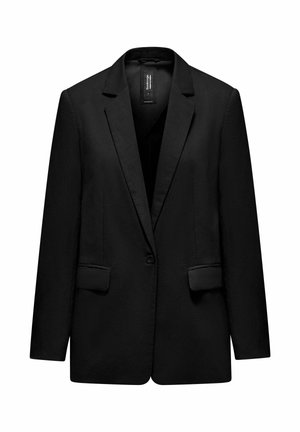 Blazer nero monopetto con revers a lancia, maniche lunghe e due tasche frontali con patta, mostrato su sfondo bianco.