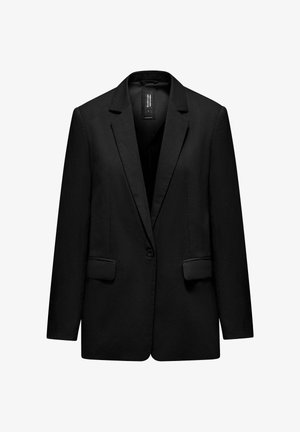 Black single-button blazer with notch lapels, long sleeves, and two front flap pockets, displayed on a white background.