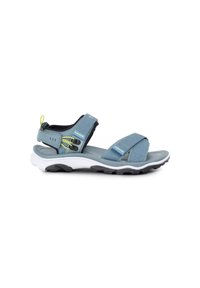 Sandale de sport bleue et grise à bout ouvert avec brides réglables, accents jaunes, semelle rembourrée et semelle extérieure en caoutchouc noir et blanc durable.