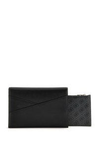 Clutch in pelle nera con dettagli a cucitura diagonale e un piccolo portafoglio zippato a fantasia dello stesso colore, con un design impresso.