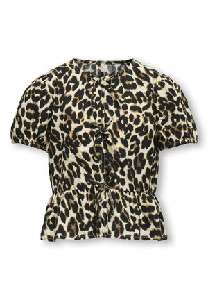  blouse imprimé léopard avec des manches bouffantes, un ourlet peplum et un col rond agrémenté de liens en ruban noir à l'avant. Le tissu semble léger.