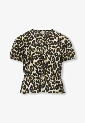 blouse imprimé léopard avec des manches bouffantes, un ourlet peplum et un col rond agrémenté de liens en ruban noir à l'avant. Le tissu semble léger.
