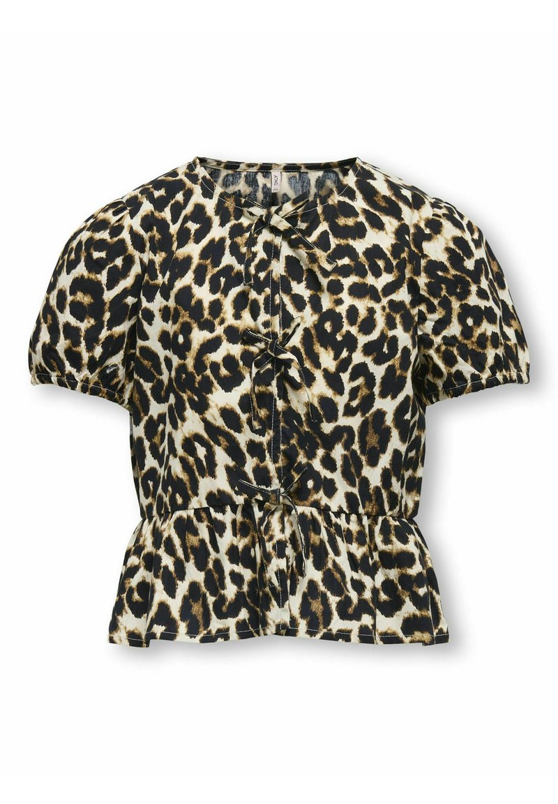 Pūķa drukas blūze ar pūkainām piedurknēm, pepluma apakšmalu un apaļu kakla izgriezumu ar melnām saistēm priekšpusē. Audums šķiet viegls.