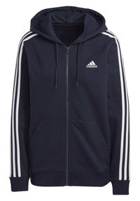 Marinblå Adidas zip-up hoodie med vit tre-randsdetalj på ärmarna, framfickor, snörning på huvan och Adidas-logotyp på bröstet.
