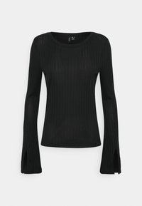 Černý dlouhý rukáv top s žebrovanou texturou, kulatým výstřihem, bočními rozparky na rukávech, přiléhavým střihem a měkkou tkaninou.