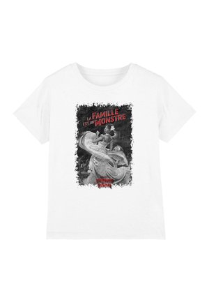 White T-shirt with black and white illustration of woman twirling in dress, red text reading "La famille est un monstre" and "Interview vampire."