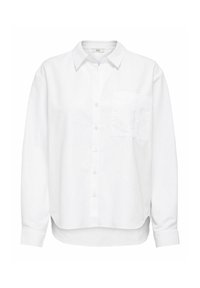 White long-sleeve shirt with a classic collar, front button closure, and embroidered pocket detail on the left side. Smooth cotton fabric.