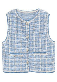 Niebiesko-biała kamizelka w kratę z okrągłym dekoltem, zapięciem na pięć guzików, dwoma przednimi kieszeniami oraz fakturowaną tkaniną. Posiada guziki przypominające perły.