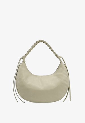 Sac à main en cuir beige clair avec une forme incurvée. Doté d'une poignée tressée et de deux fines lanières pendantes sur les côtés. Texture lisse.