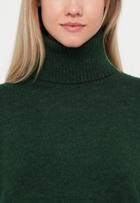 Pull à col roulé vert à côtes en matière douce et épaisse, avec un col haut et un tissu texturé, idéal pour des tenues décontractées ou superposées.