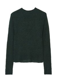Dunkelgrüner Strickpullover mit rundem Ausschnitt, langen Ärmeln und leicht gekürztem Saum. Strukturstoff mit lockerer Strickoptik.